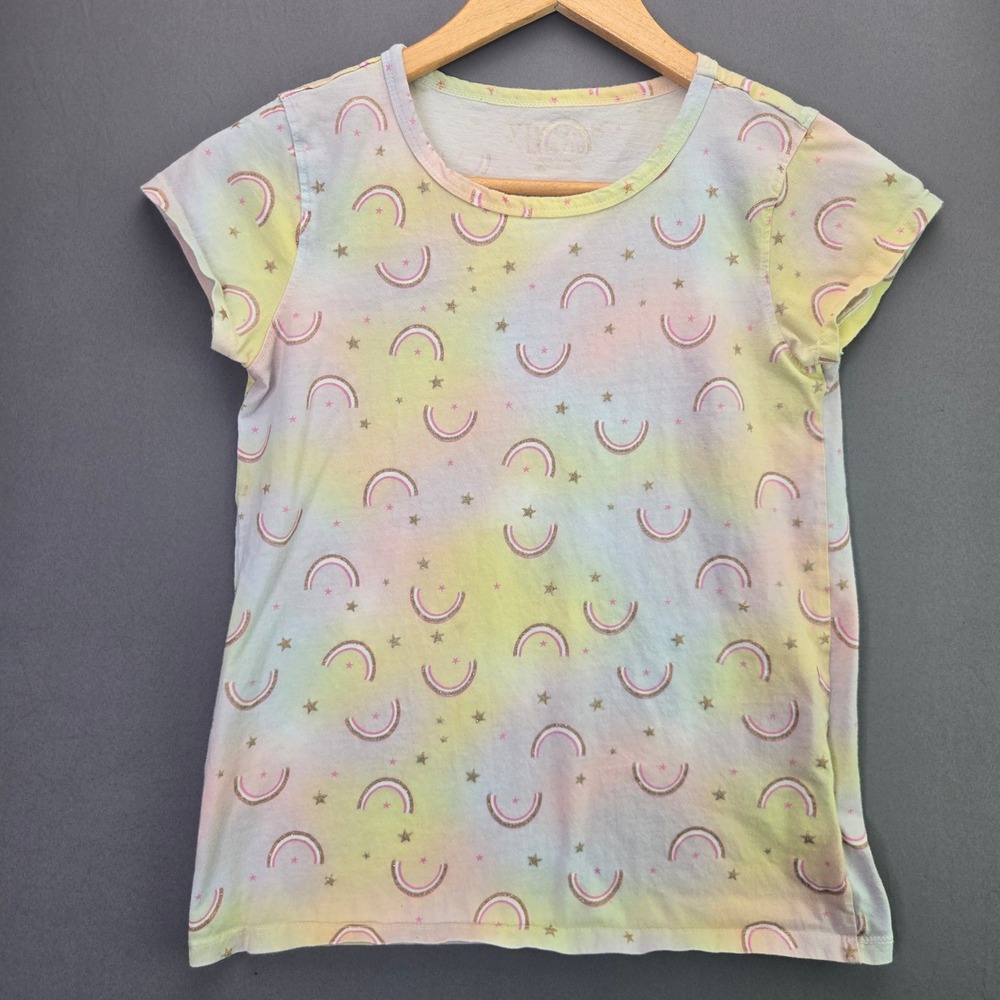 Vigoss Girls T-Shirt Rainbow Star Glitter Tie Dye Tee Size L 14/16 Pastel Multi